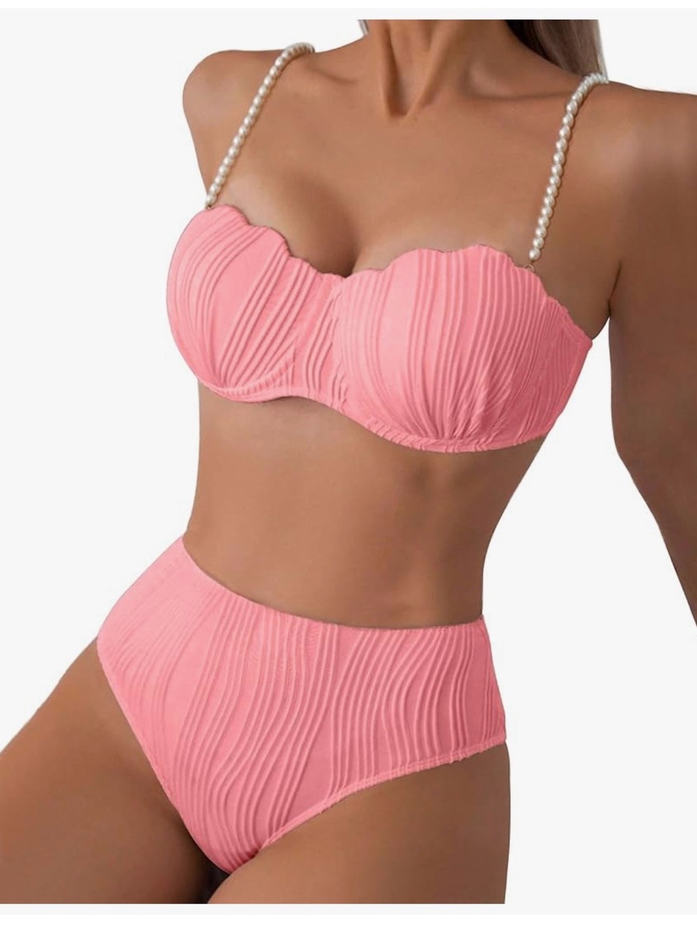 Mermaid Shell bikini set removable Pearl straps Pink High-Waist textured NWT